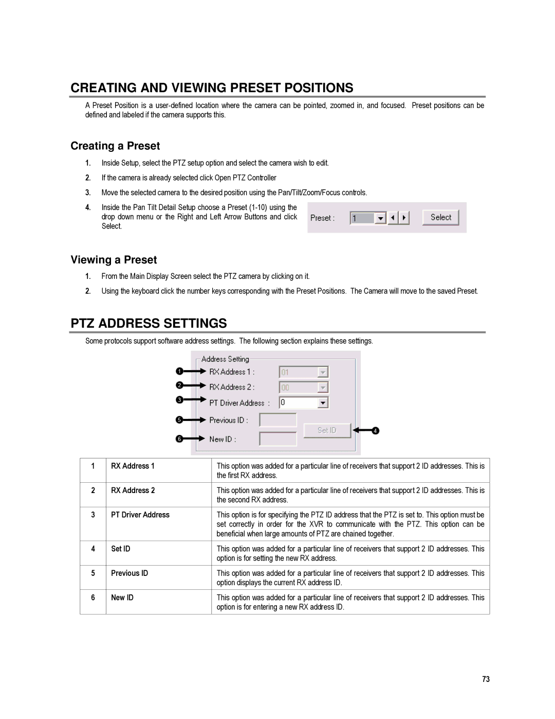 Toshiba XVR4-120-X Creating and Viewing Preset Positions, PTZ Address Settings, Creating a Preset, Viewing a Preset 