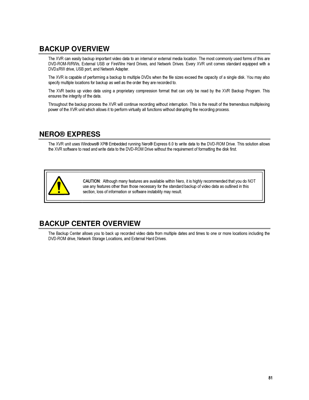 Toshiba XVR4-120-X, XVR16-120-X user manual Backup Overview, Nero Express, Backup Center Overview 