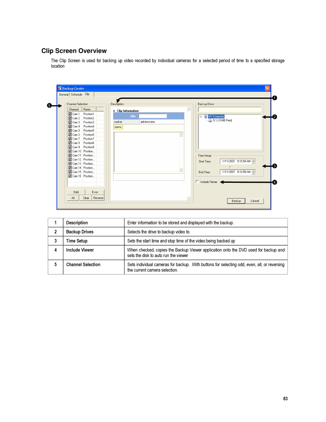 Toshiba XVR4-120-X Clip Screen Overview, Sets the disk to auto run the viewer, Channel Selection, Current camera selection 