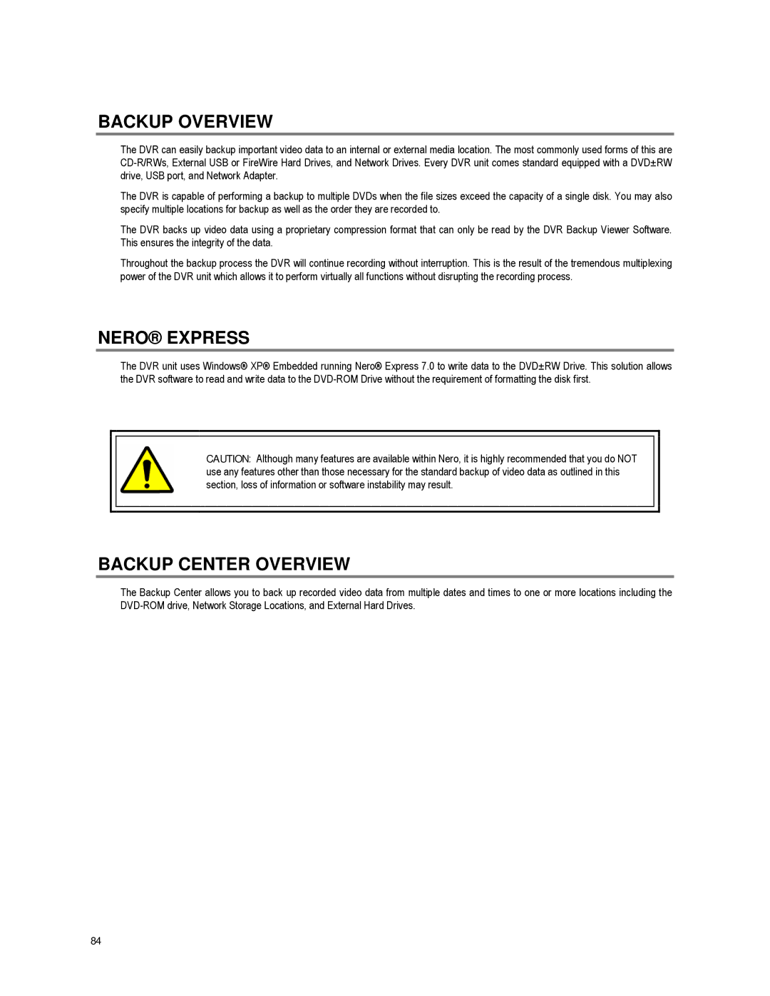 Toshiba XVR16-60-X user manual Backup Overview, Nero Express, Backup Center Overview 