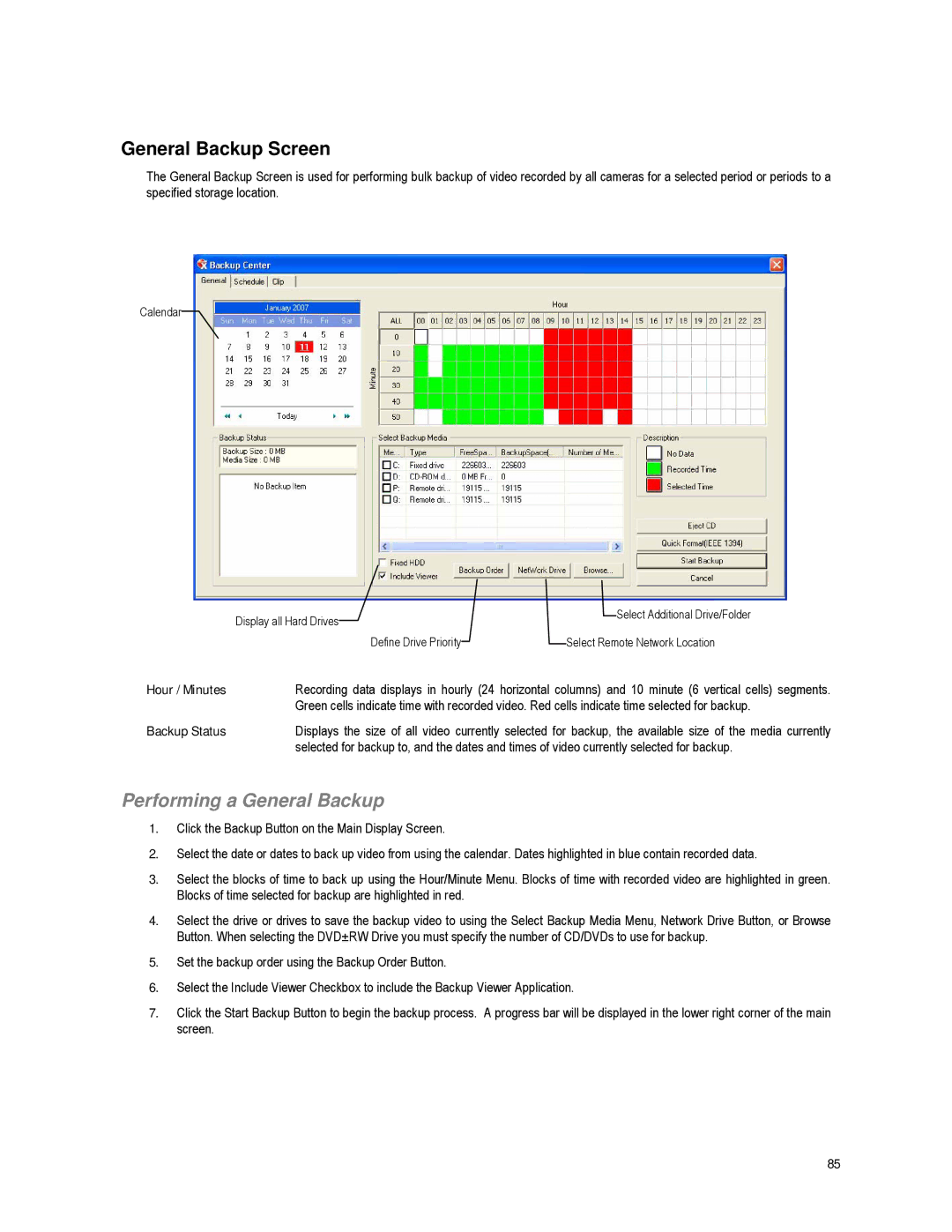 Toshiba XVR16-60-X user manual General Backup Screen, Performing a General Backup, Hour / Minutes, Backup Status 