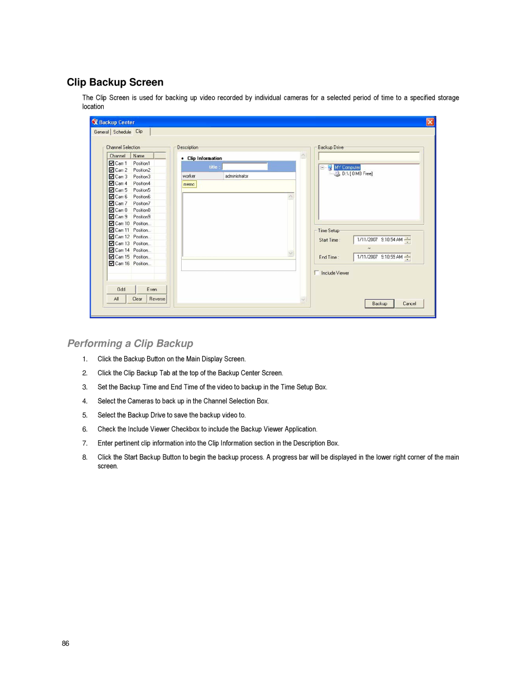 Toshiba XVR16-60-X user manual Clip Backup Screen, Performing a Clip Backup 