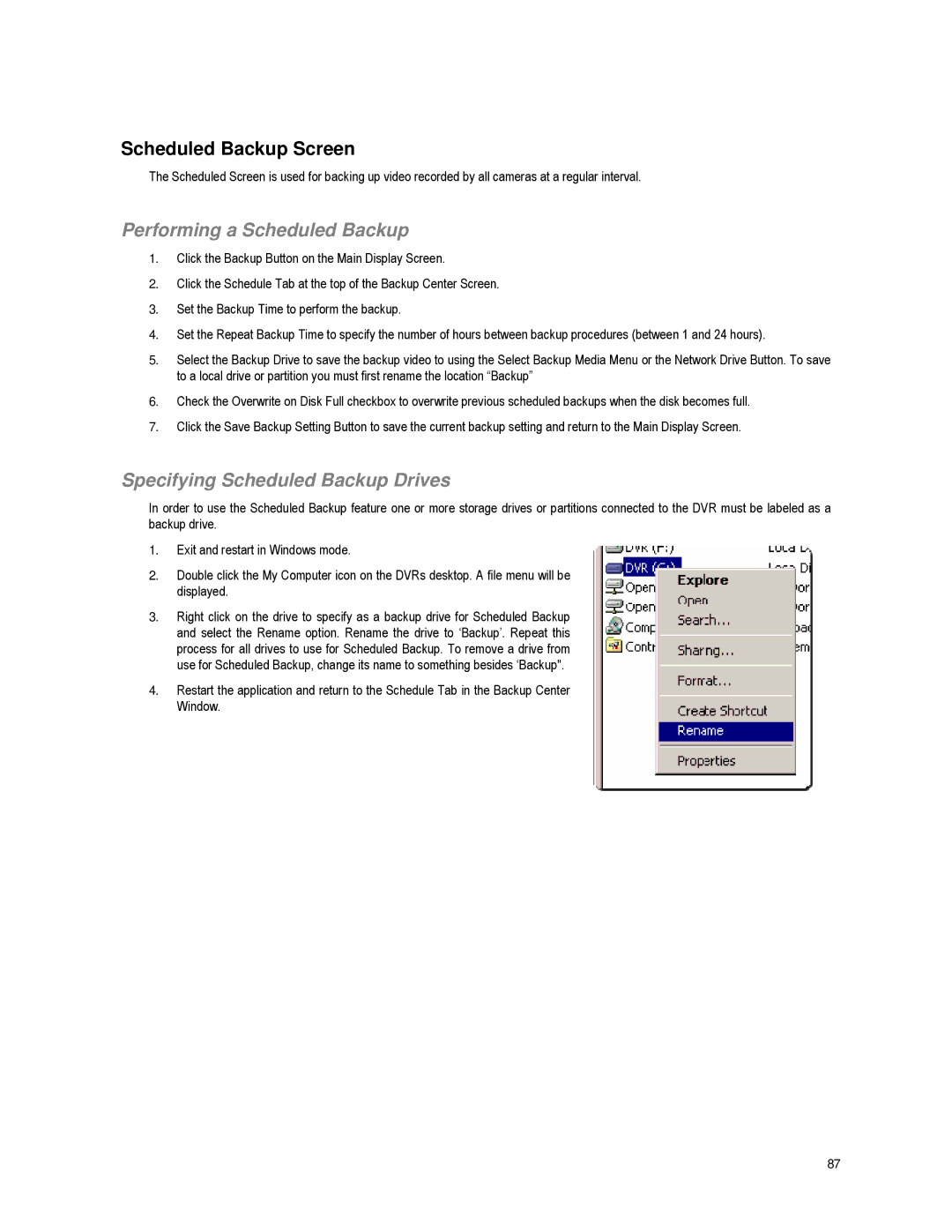 Toshiba XVR16-60-X user manual Scheduled Backup Screen, Performing a Scheduled Backup, Specifying Scheduled Backup Drives 