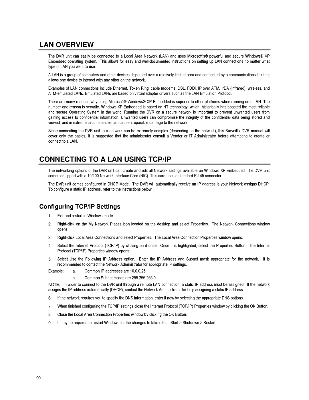 Toshiba XVR16-60-X user manual LAN Overview, Connecting to a LAN Using TCP/IP, Configuring TCP/IP Settings 