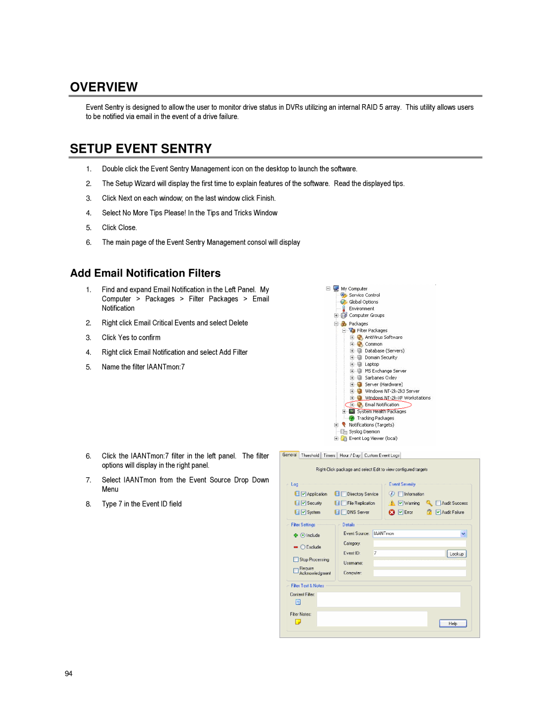 Toshiba XVR16-60-X user manual Overview, Setup Event Sentry, Add Email Notification Filters 