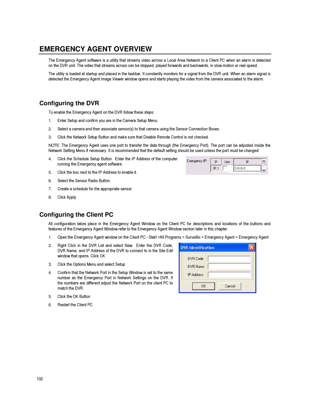 Toshiba XVR16-60-X user manual Emergency Agent Overview, Configuring the DVR, Configuring the Client PC, 102 