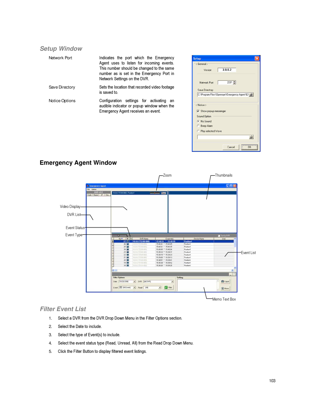 Toshiba XVR16-60-X user manual Setup Window, Emergency Agent Window, Filter Event List 