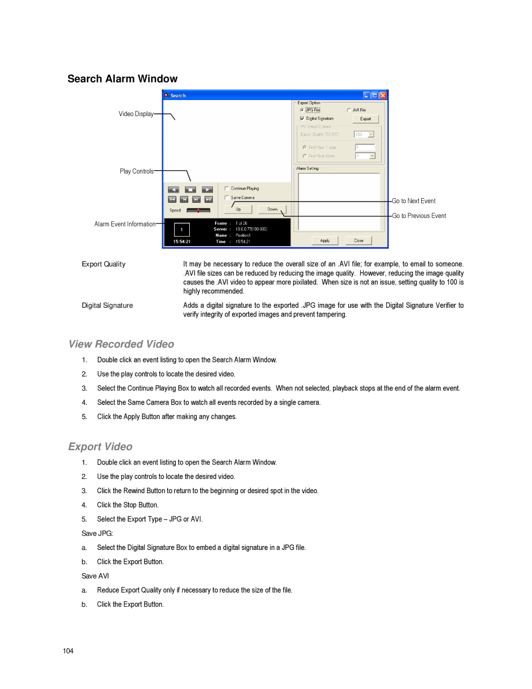 Toshiba XVR16-60-X user manual Search Alarm Window, View Recorded Video, Export Video 