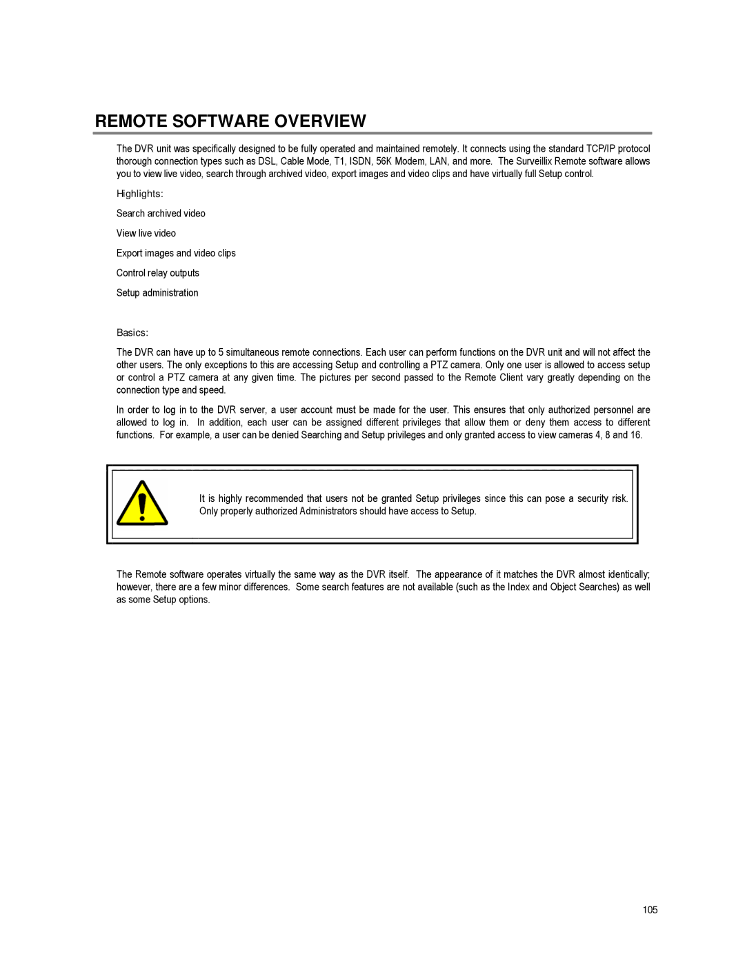 Toshiba XVR16-60-X user manual Remote Software Overview, 105 