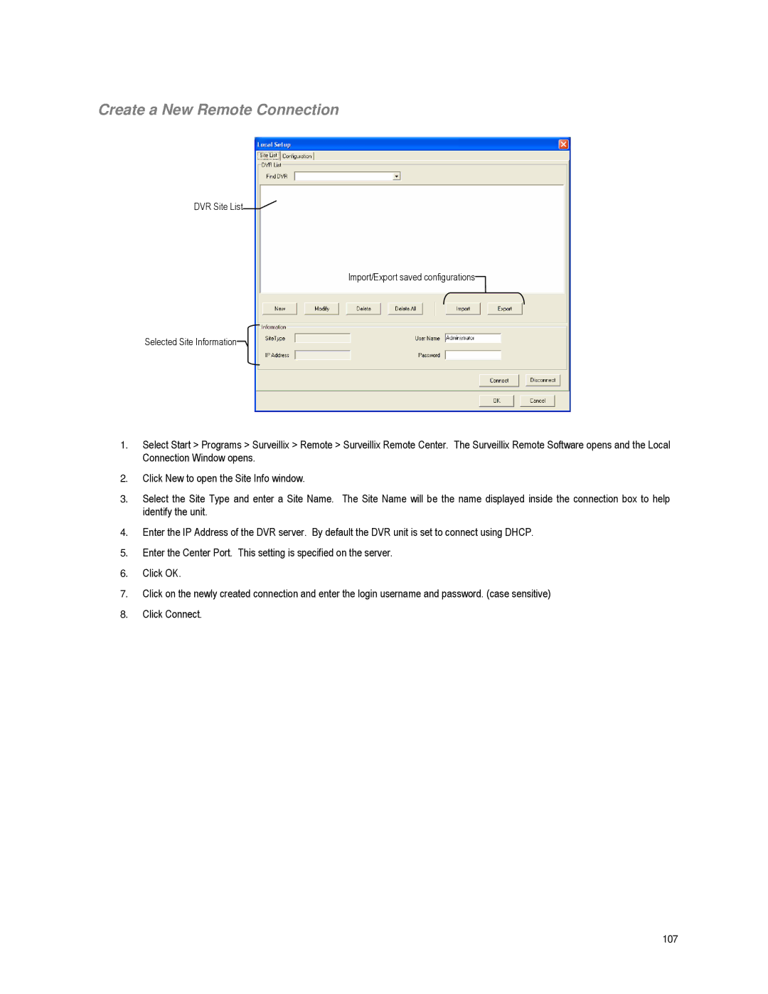 Toshiba XVR16-60-X user manual Create a New Remote Connection, 107 