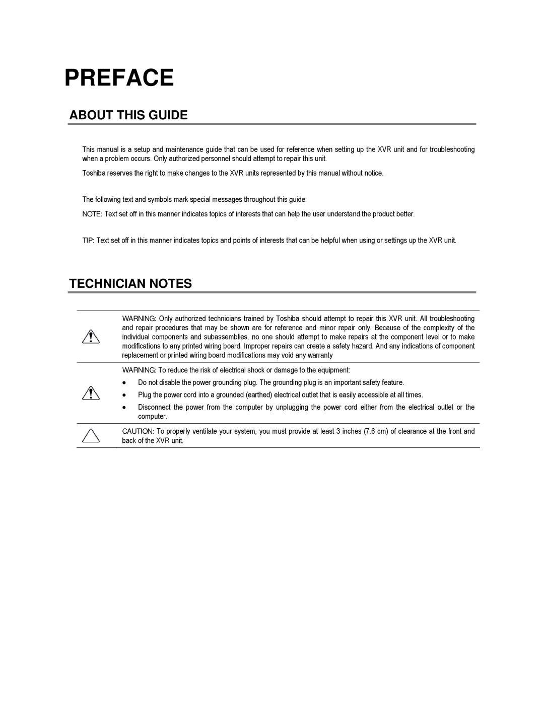 Toshiba XVR16-60-X user manual Preface, About this Guide, Technician Notes 