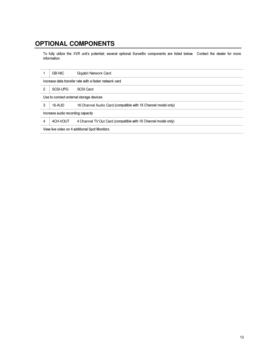 Toshiba XVR16-60-X user manual Optional Components 