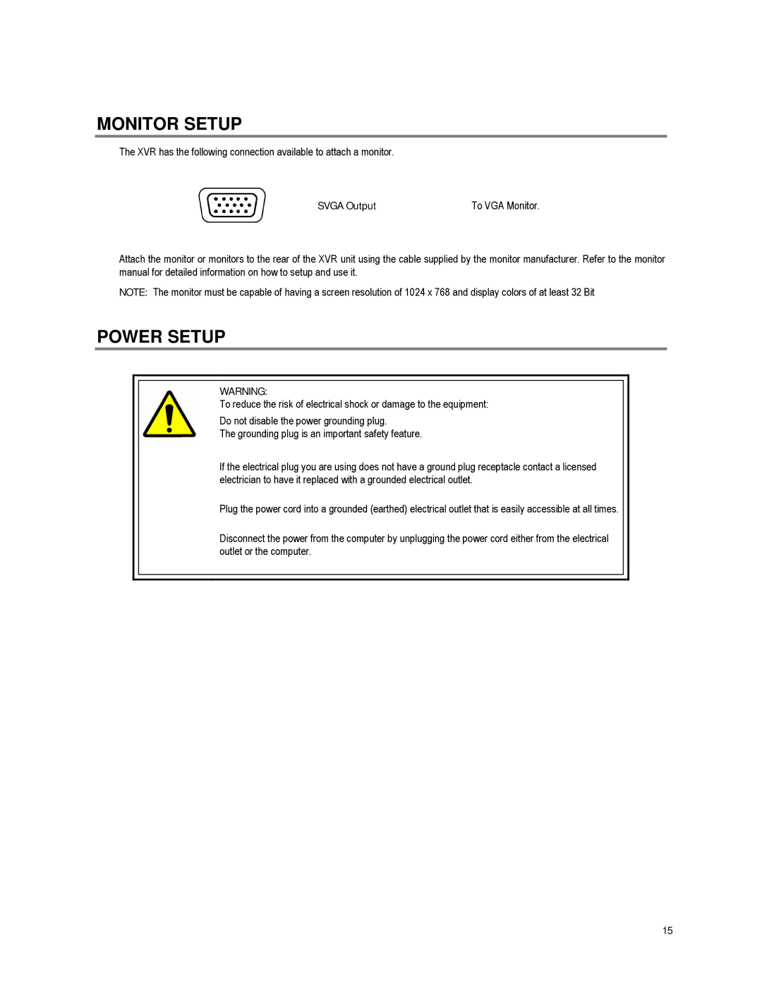 Toshiba XVR16-60-X user manual Monitor Setup, Power Setup, Svga Output To VGA Monitor 