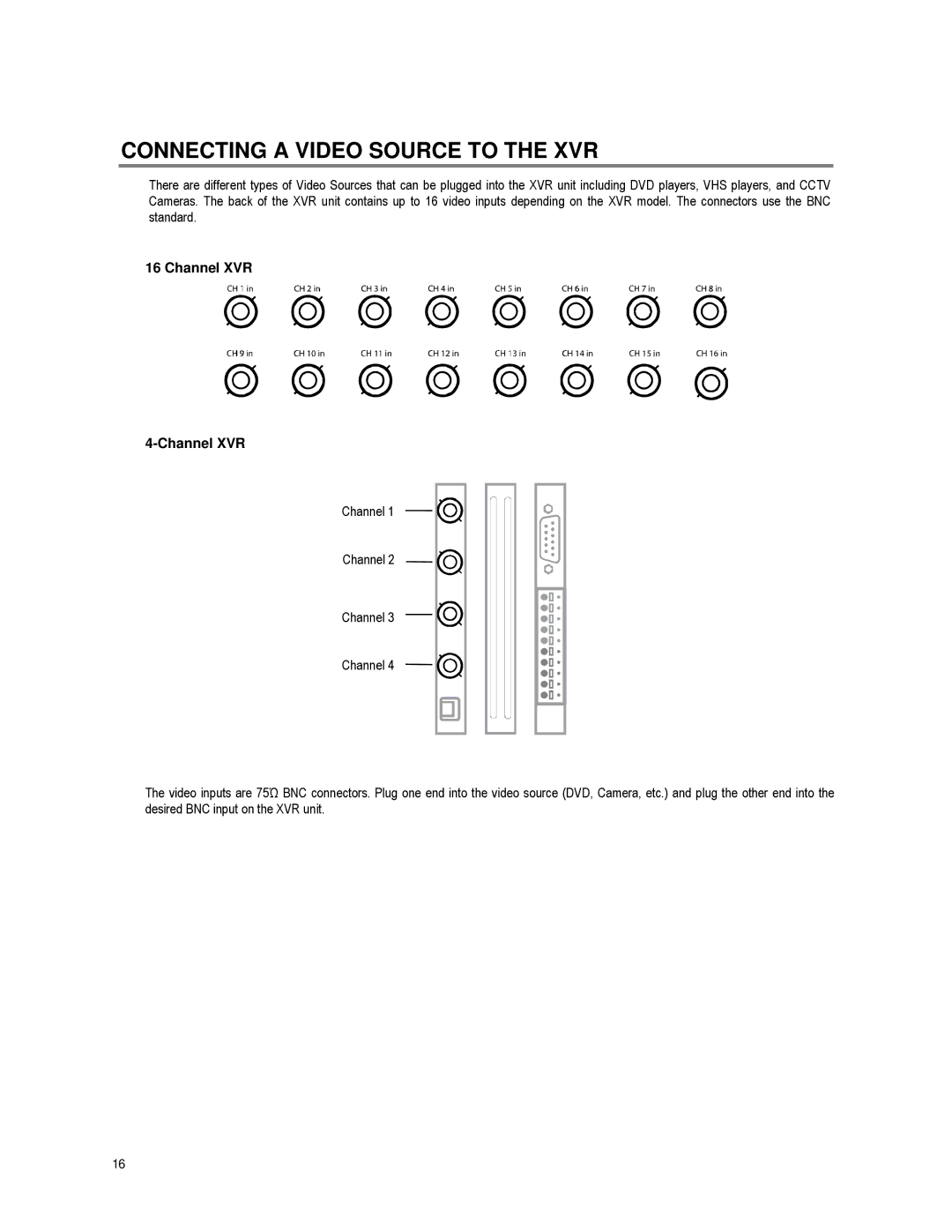 Toshiba XVR16-60-X user manual Connecting a Video Source to the XVR, Channel XVR 