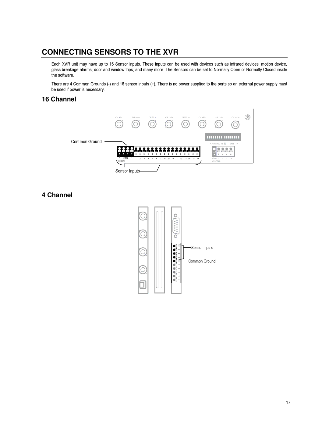 Toshiba XVR16-60-X user manual Connecting Sensors to the XVR, Channel 