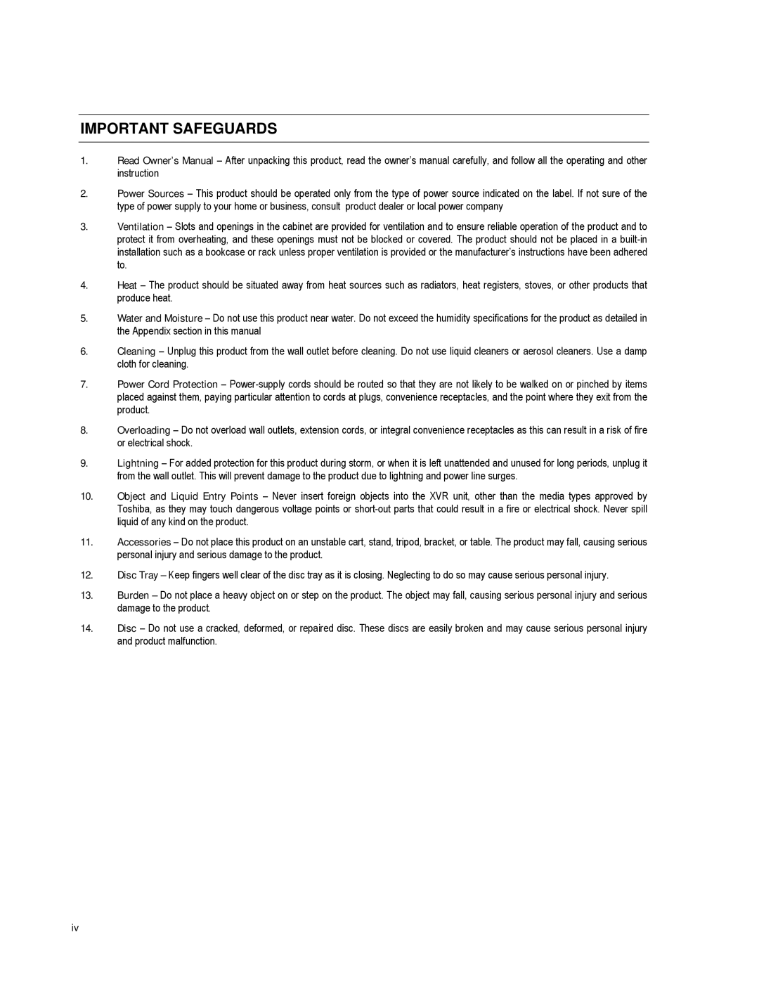 Toshiba XVR16-60-X user manual Important Safeguards 