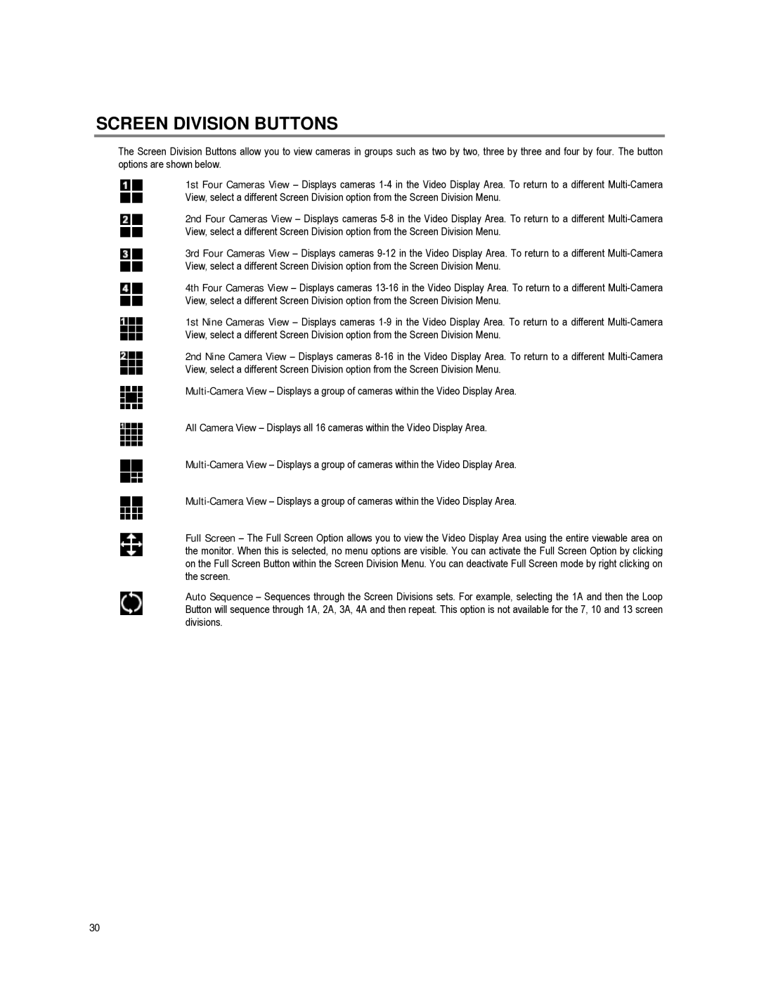 Toshiba XVR16-60-X user manual Screen Division Buttons 