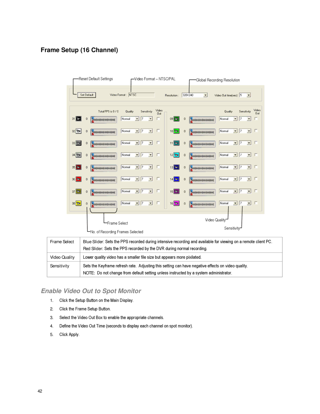 Toshiba XVR16-60-X user manual Frame Setup 16 Channel, Enable Video Out to Spot Monitor 