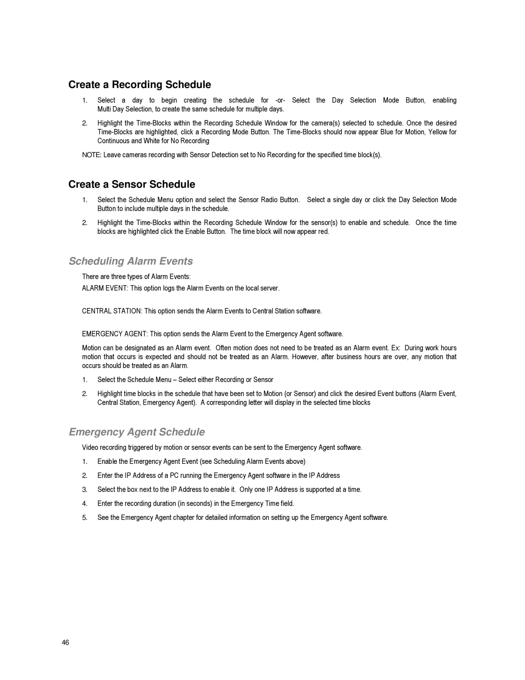 Toshiba XVR16-60-X user manual Create a Recording Schedule, Create a Sensor Schedule, Scheduling Alarm Events 