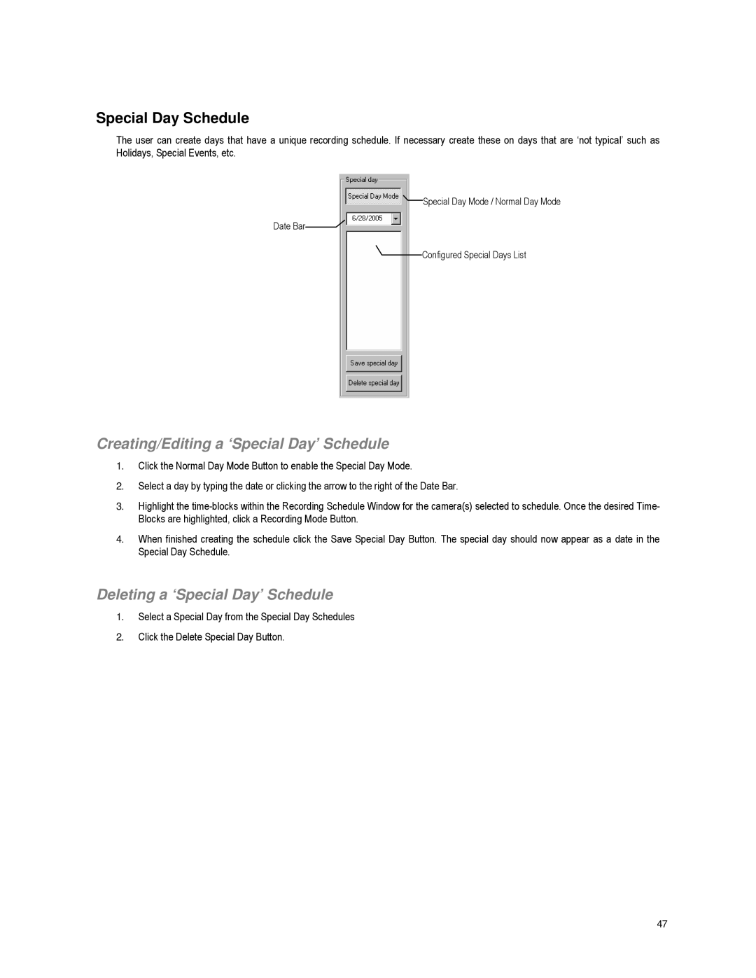 Toshiba XVR16-60-X Special Day Schedule, Creating/Editing a ‘Special Day’ Schedule, Deleting a ‘Special Day’ Schedule 