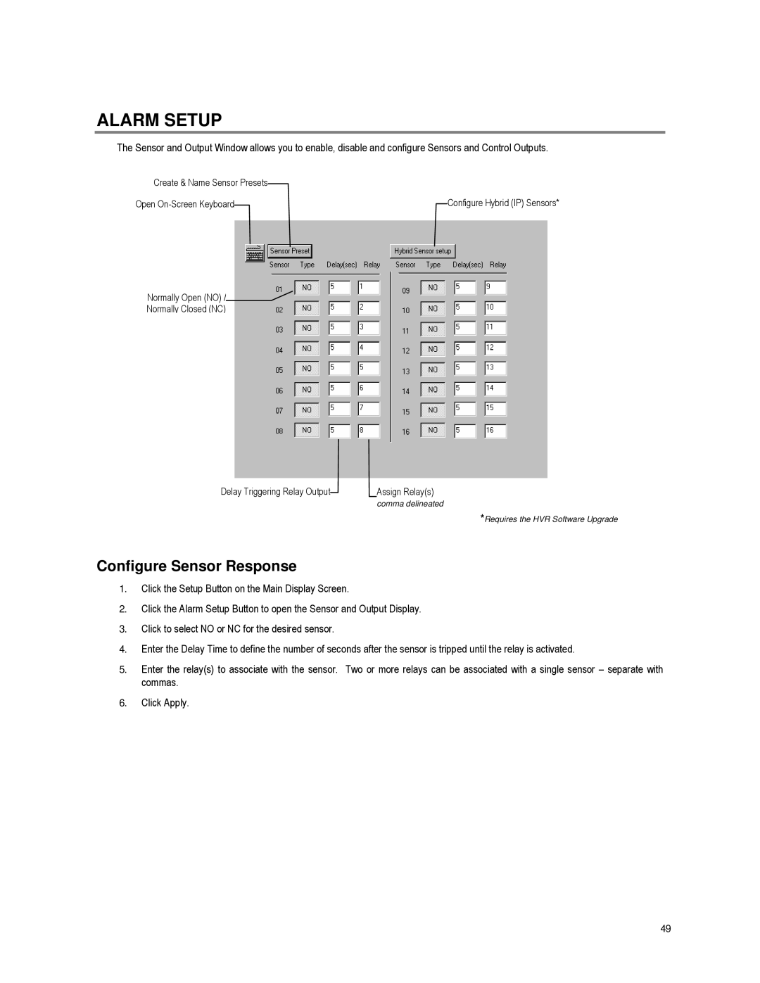 Toshiba XVR16-60-X user manual Alarm Setup, Configure Sensor Response 