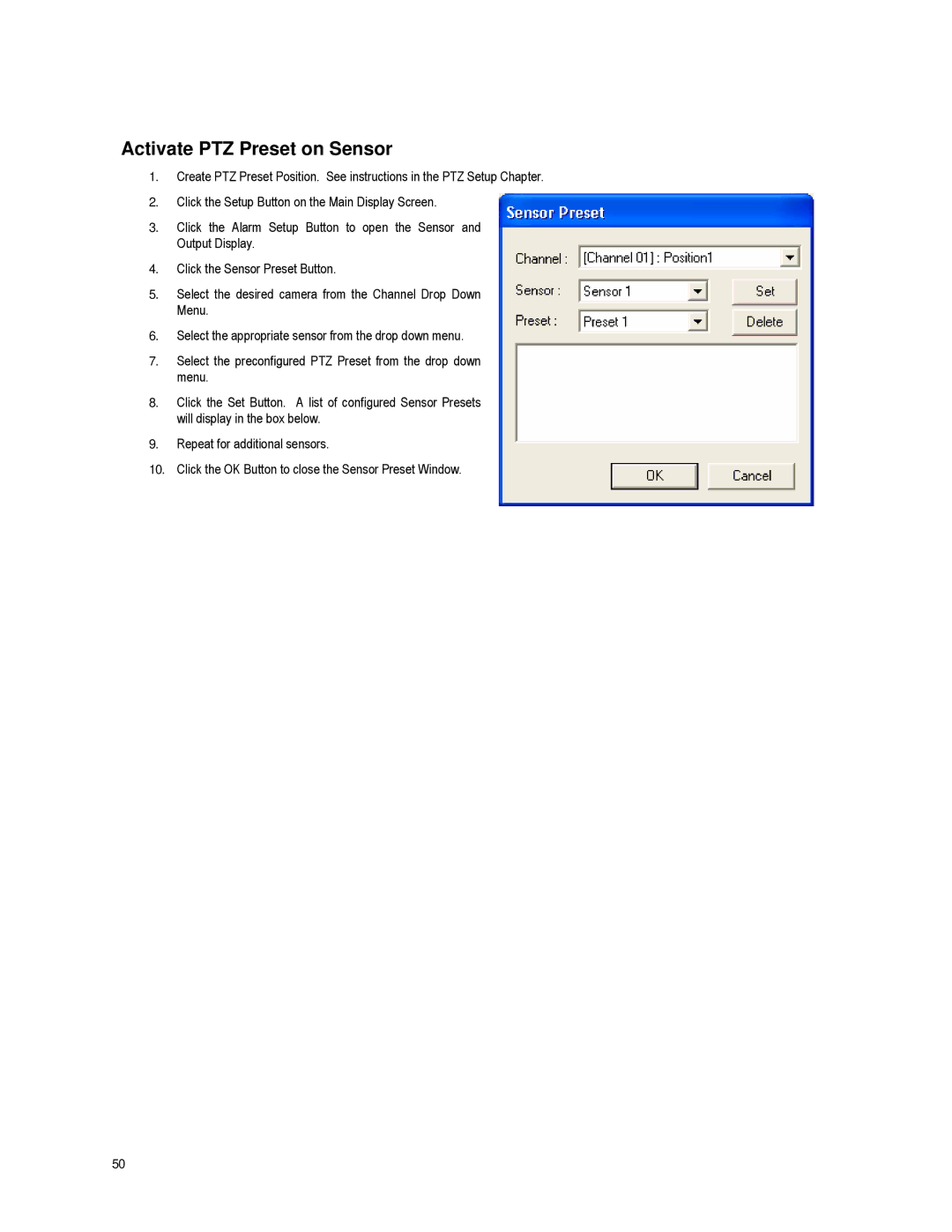 Toshiba XVR16-60-X user manual Activate PTZ Preset on Sensor 