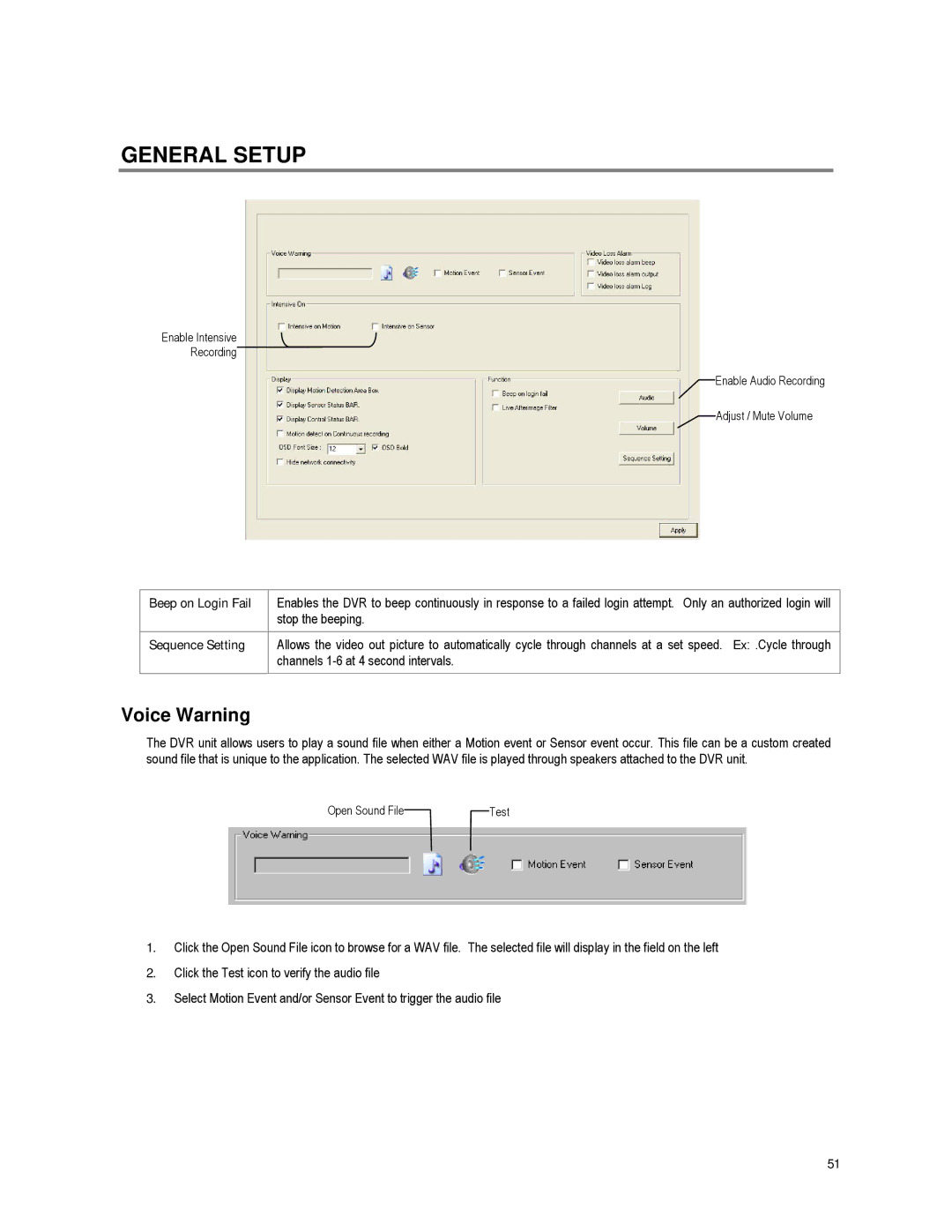 Toshiba XVR16-60-X user manual General Setup, Voice Warning, Beep on Login Fail, Sequence Setting 