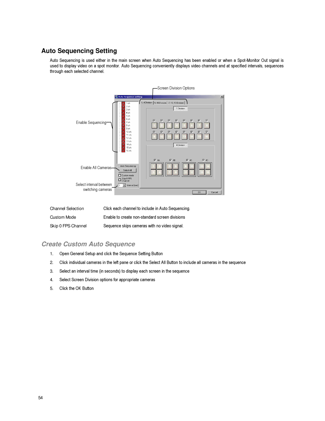 Toshiba XVR16-60-X user manual Auto Sequencing Setting, Create Custom Auto Sequence, Channel Selection, Custom Mode 