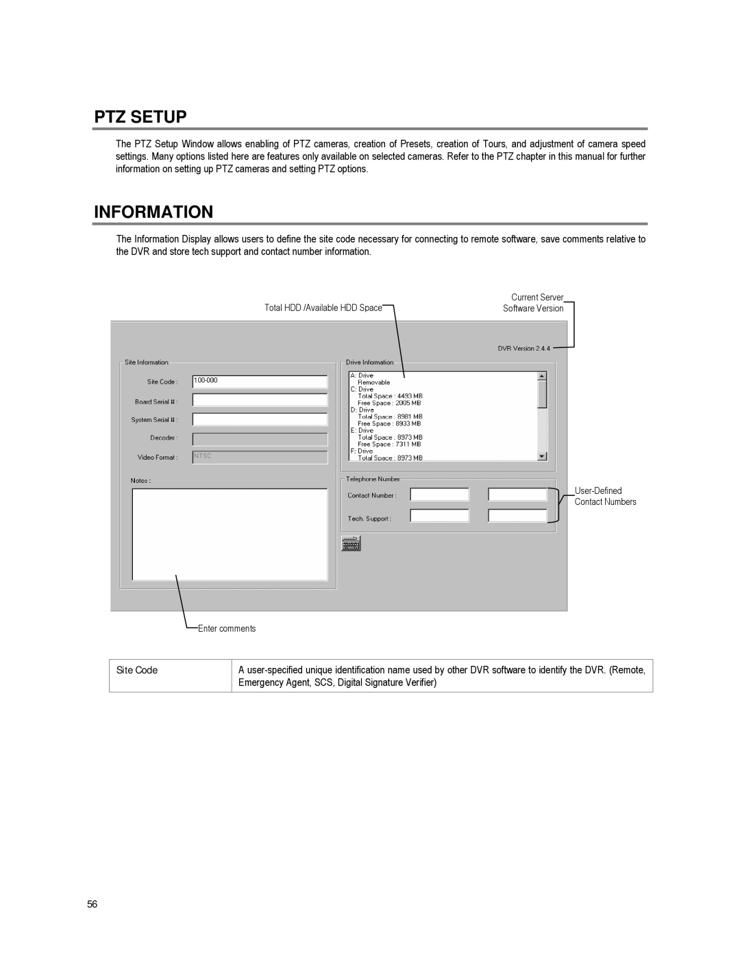 Toshiba XVR16-60-X user manual PTZ Setup, Information, Site Code 