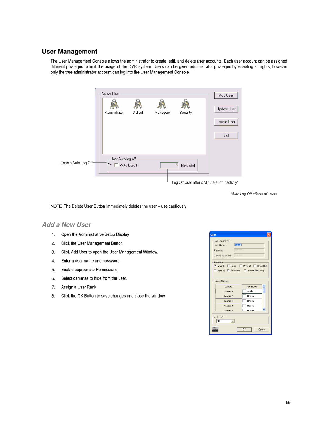 Toshiba XVR16-60-X user manual User Management, Add a New User 