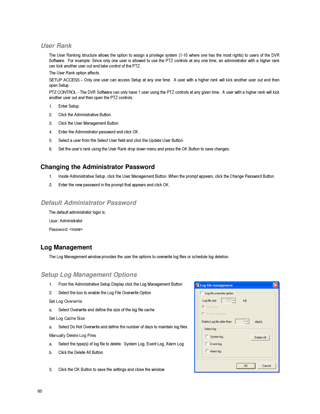 Toshiba XVR16-60-X User Rank, Changing the Administrator Password, Default Administrator Password, Log Management 