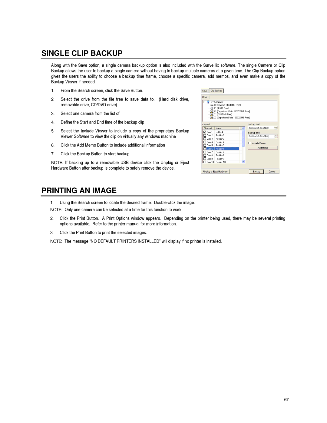 Toshiba XVR16-60-X user manual Single Clip Backup, Printing AN Image 