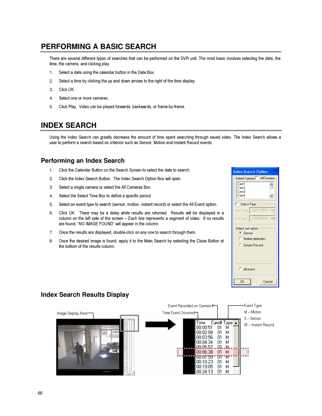 Toshiba XVR16-60-X user manual Performing a Basic Search, Performing an Index Search, Index Search Results Display 