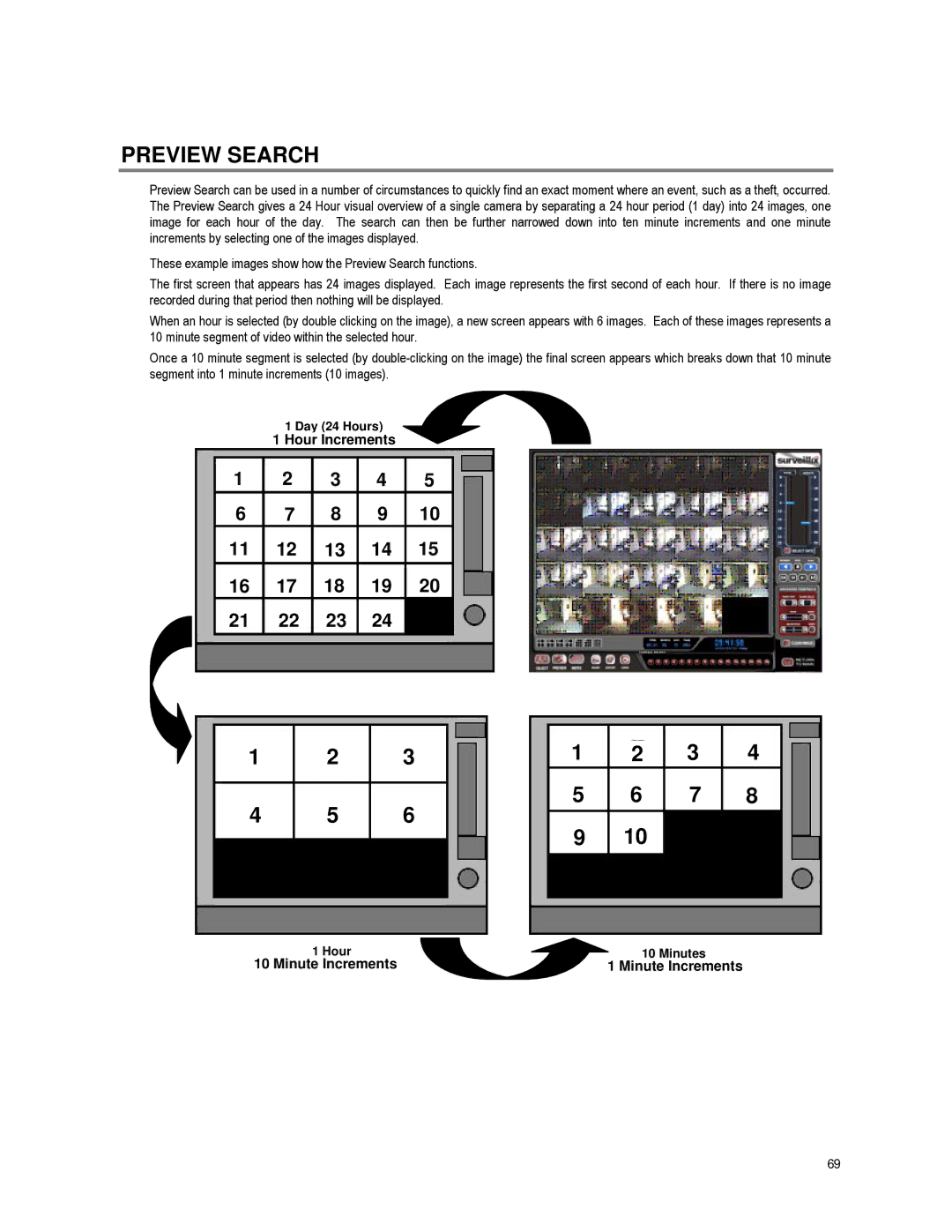 Toshiba XVR16-60-X user manual Preview Search, 3 4 8 9 11 12 13 14 16 17 18 19 21 22 23, Hour Increments, Minute Increments 