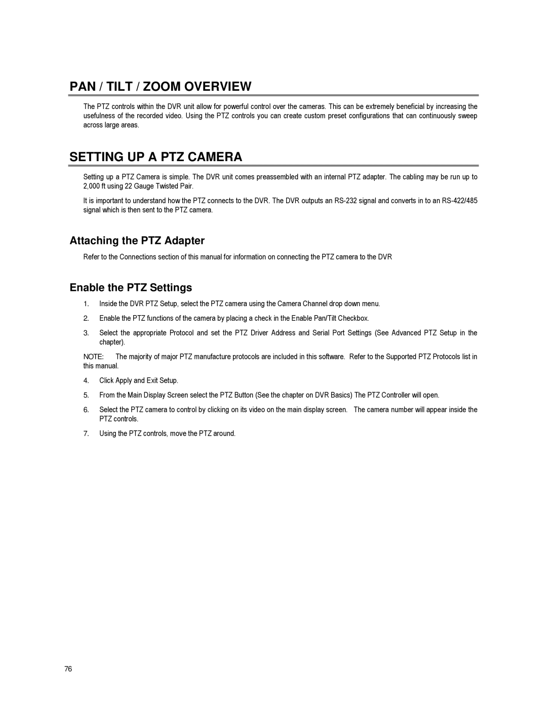 Toshiba XVR16-60-X PAN / Tilt / Zoom Overview, Setting UP a PTZ Camera, Attaching the PTZ Adapter, Enable the PTZ Settings 