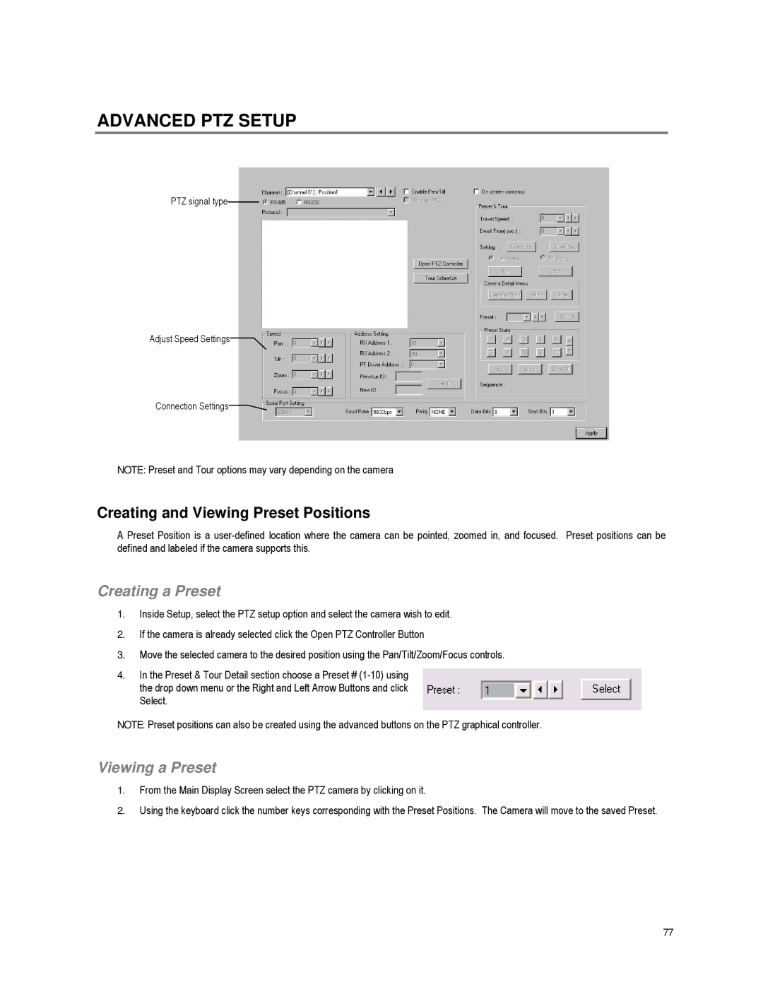 Toshiba XVR16-60-X Advanced PTZ Setup, Creating and Viewing Preset Positions, Creating a Preset, Viewing a Preset 