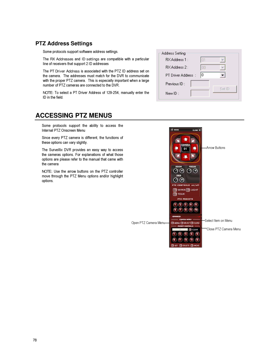 Toshiba XVR16-60-X user manual Accessing PTZ Menus, PTZ Address Settings 