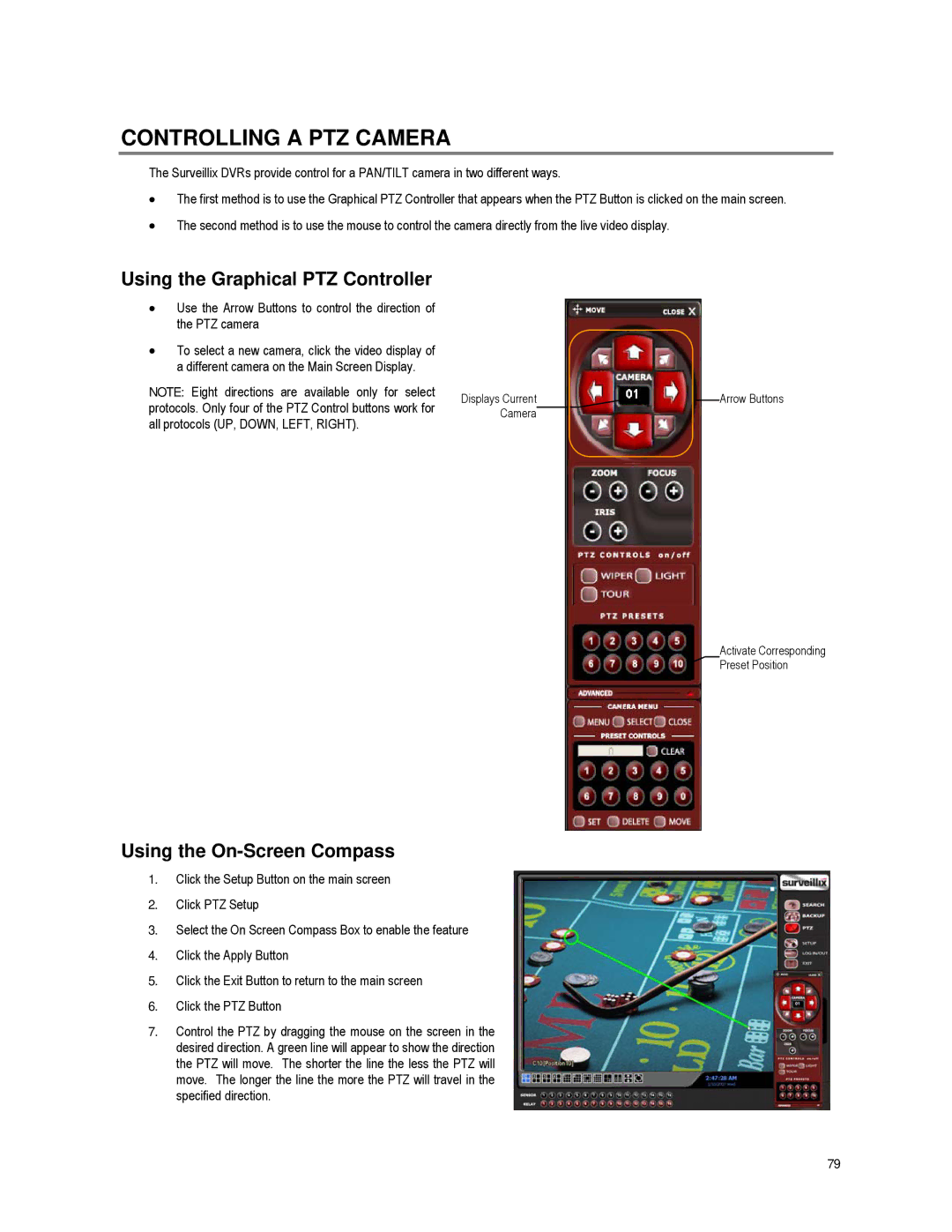 Toshiba XVR16-60-X user manual Controlling a PTZ Camera, Using the Graphical PTZ Controller, Using the On-Screen Compass 