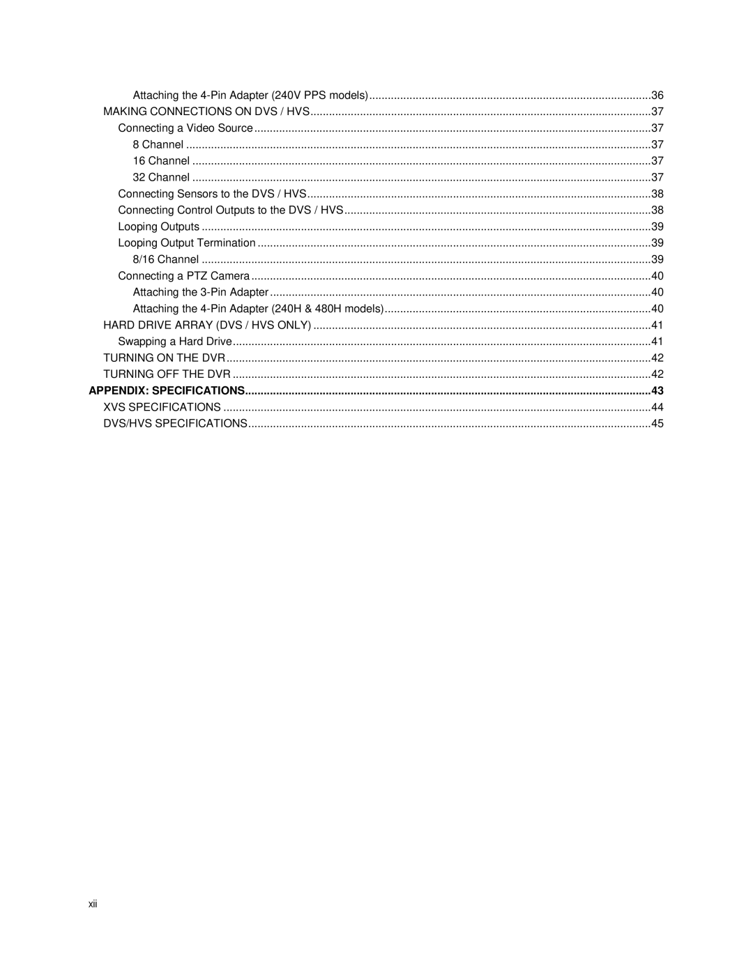 Toshiba XVS Series, HVS Series, DVS Series manual Appendix Specifications 