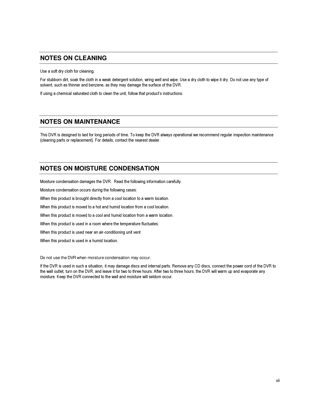 Toshiba HVS Series, XVS Series, DVS Series manual Do not use the DVR when moisture condensation may occur 