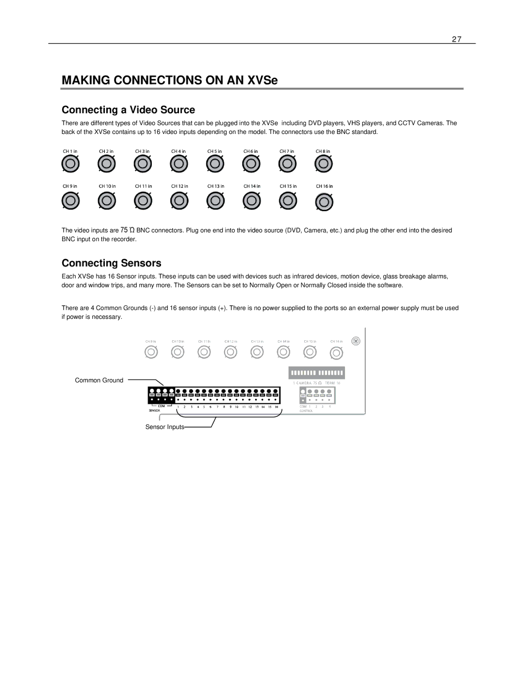 Toshiba Digital Video Recorder, XVSe16-240V-X, DVSe8-240-X, DVSe32-480-X manual Connecting a Video Source, Connecting Sensors 