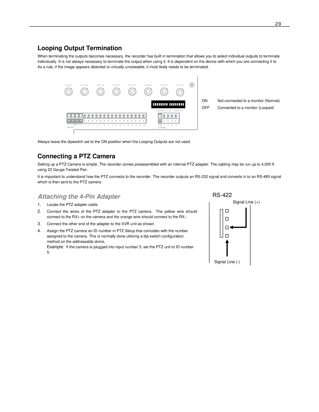 Toshiba XVSe16-240-X, XVSe16-240V-X, DVSe8-240-X, DVSe32-480-X manual Looping Output Termination, Connecting a PTZ Camera 