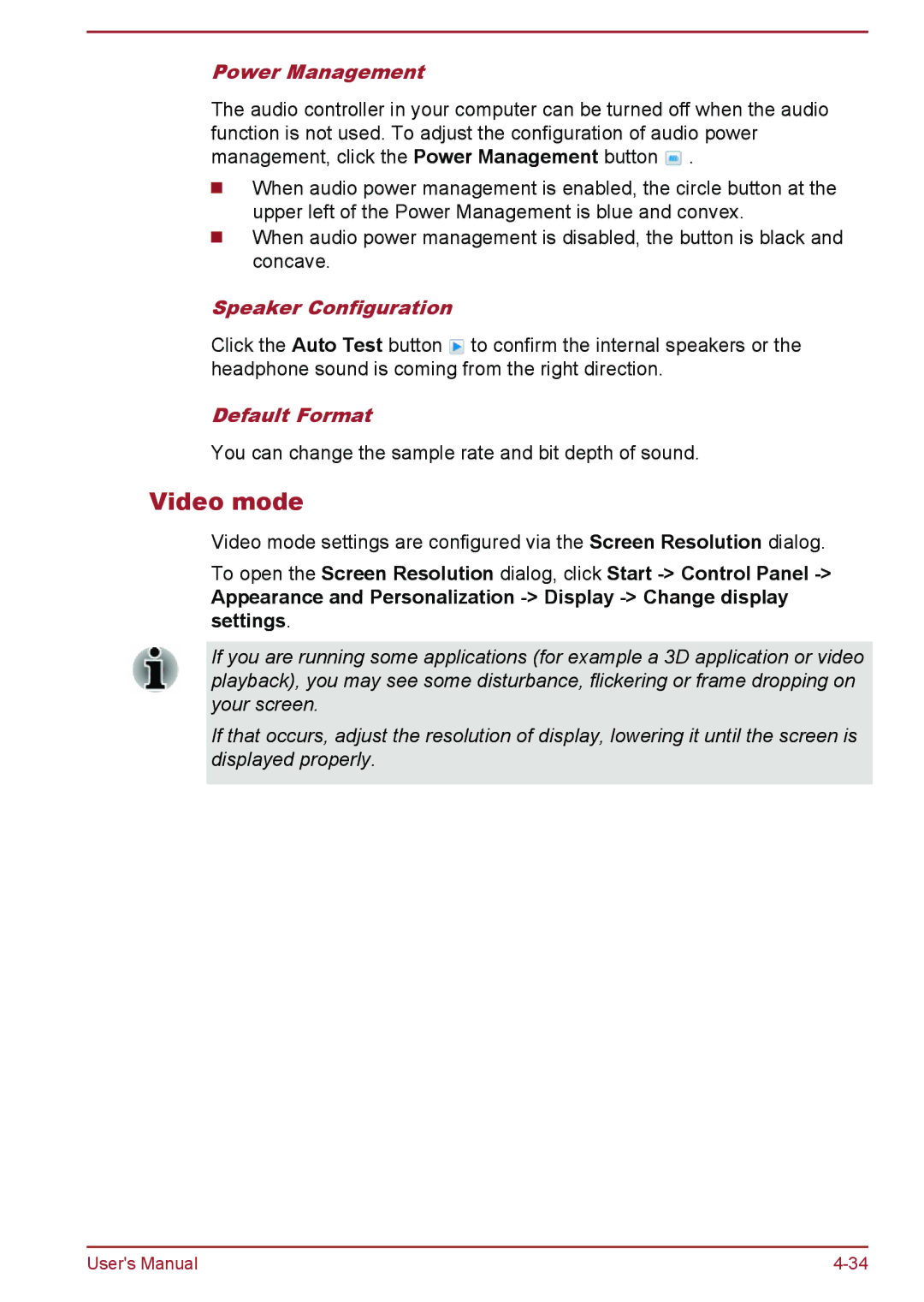 Toshiba Z30-A, Z40-A, Z50-A, Z30t-A user manual Video mode, Power Management, Speaker Configuration, Default Format 