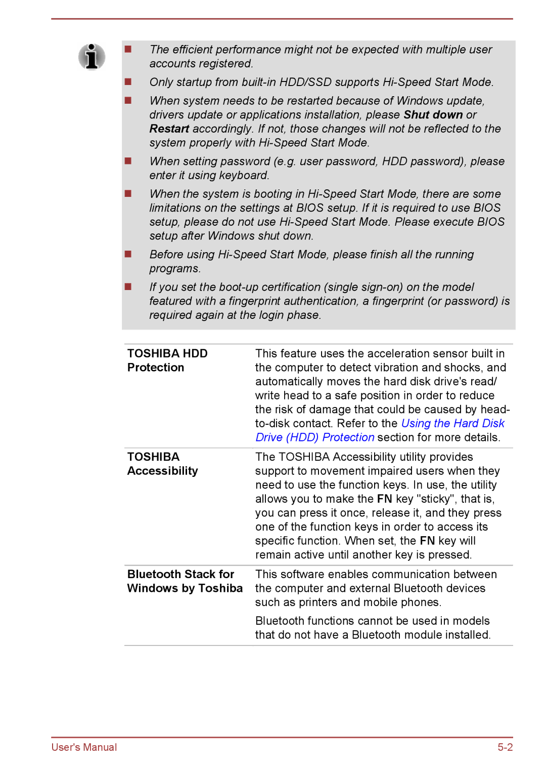 Toshiba Z50-A, Z30-A, Z40-A, Z30t-A user manual Protection, Accessibility, Bluetooth Stack for, Windows by Toshiba 