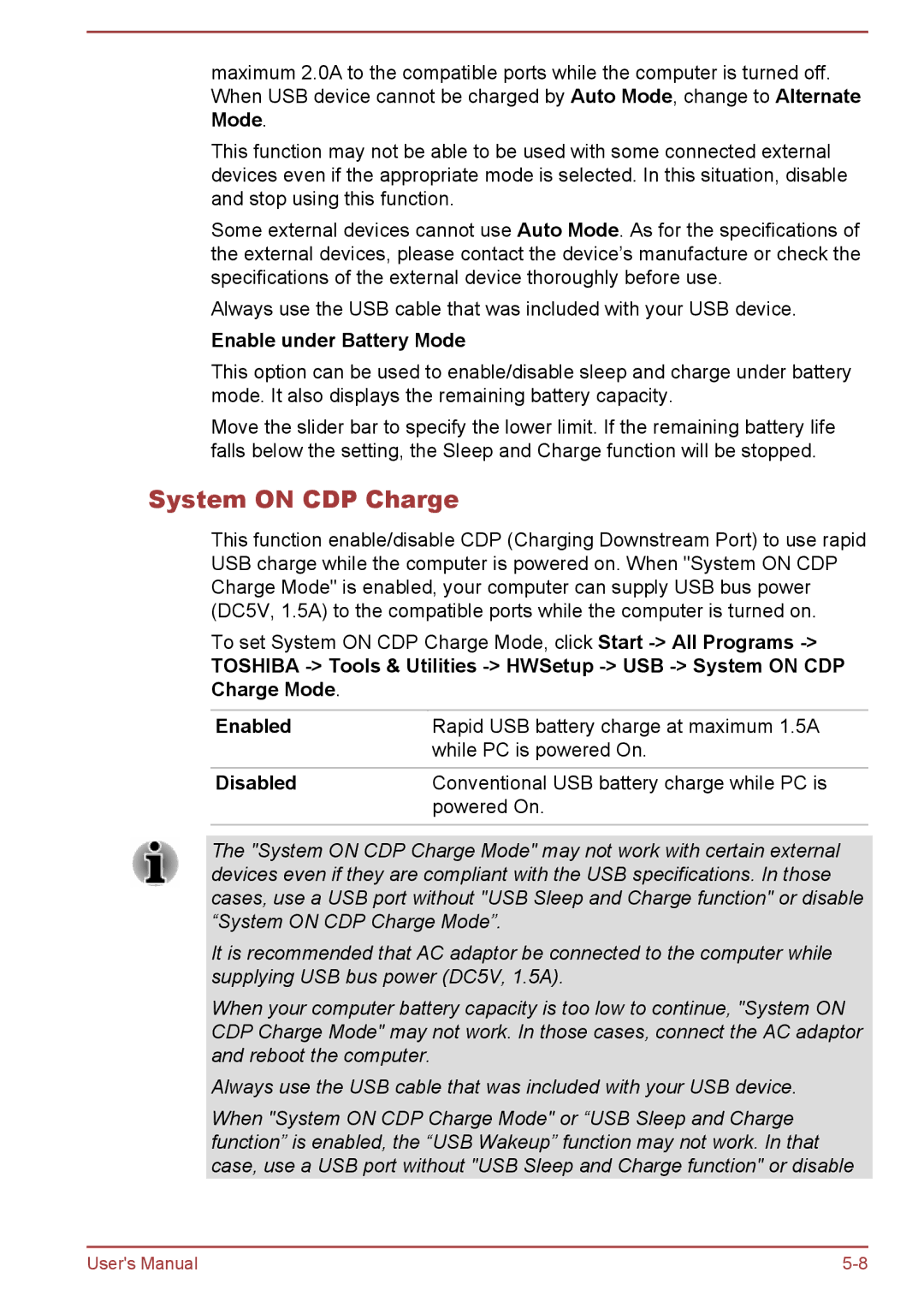 Toshiba Z30-A, Z40-A, Z50-A, Z30t-A user manual System on CDP Charge, Enable under Battery Mode, Disabled 