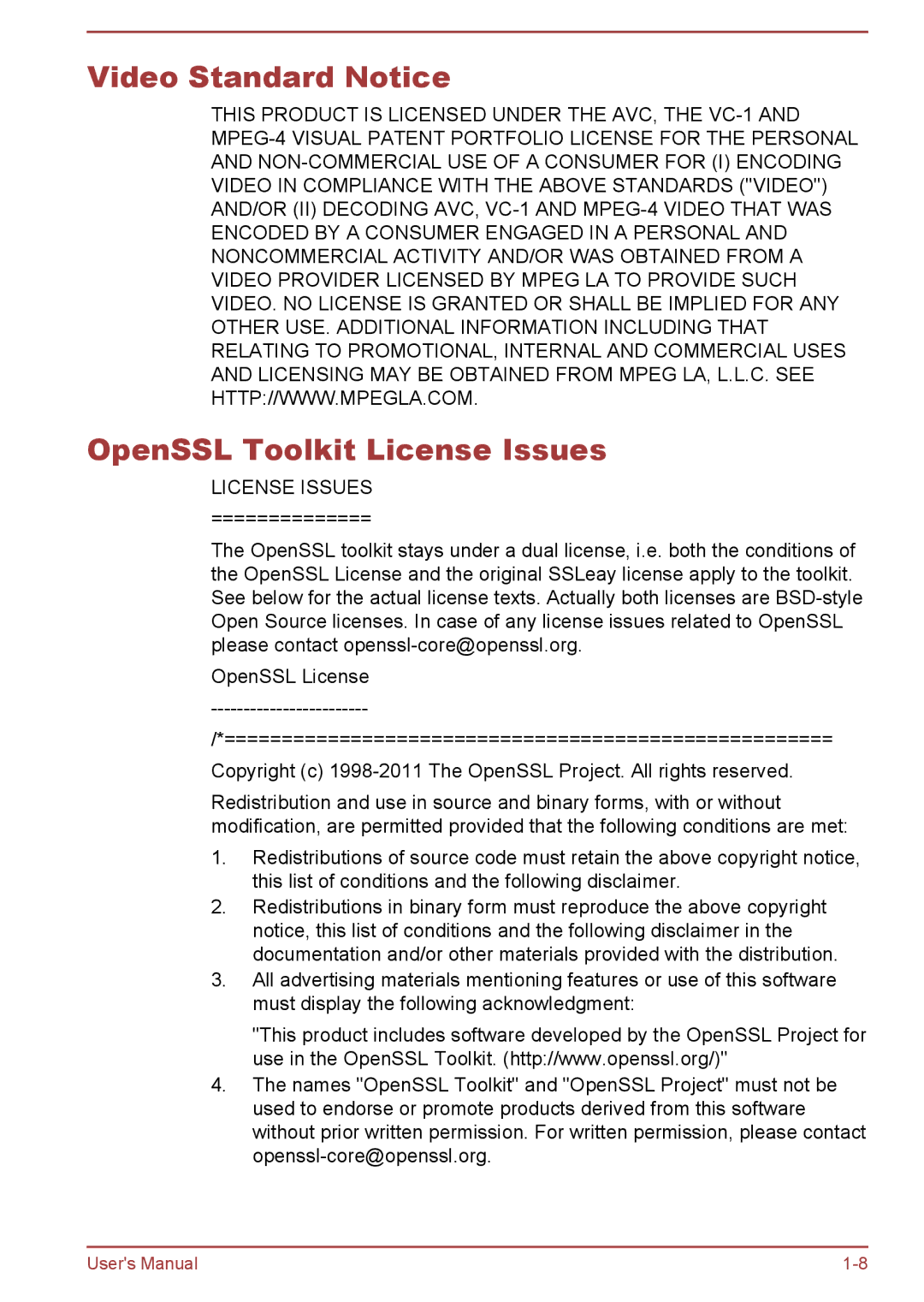 Toshiba Z30t-A, Z30-A, Z40-A, Z50-A user manual Video Standard Notice OpenSSL Toolkit License Issues 