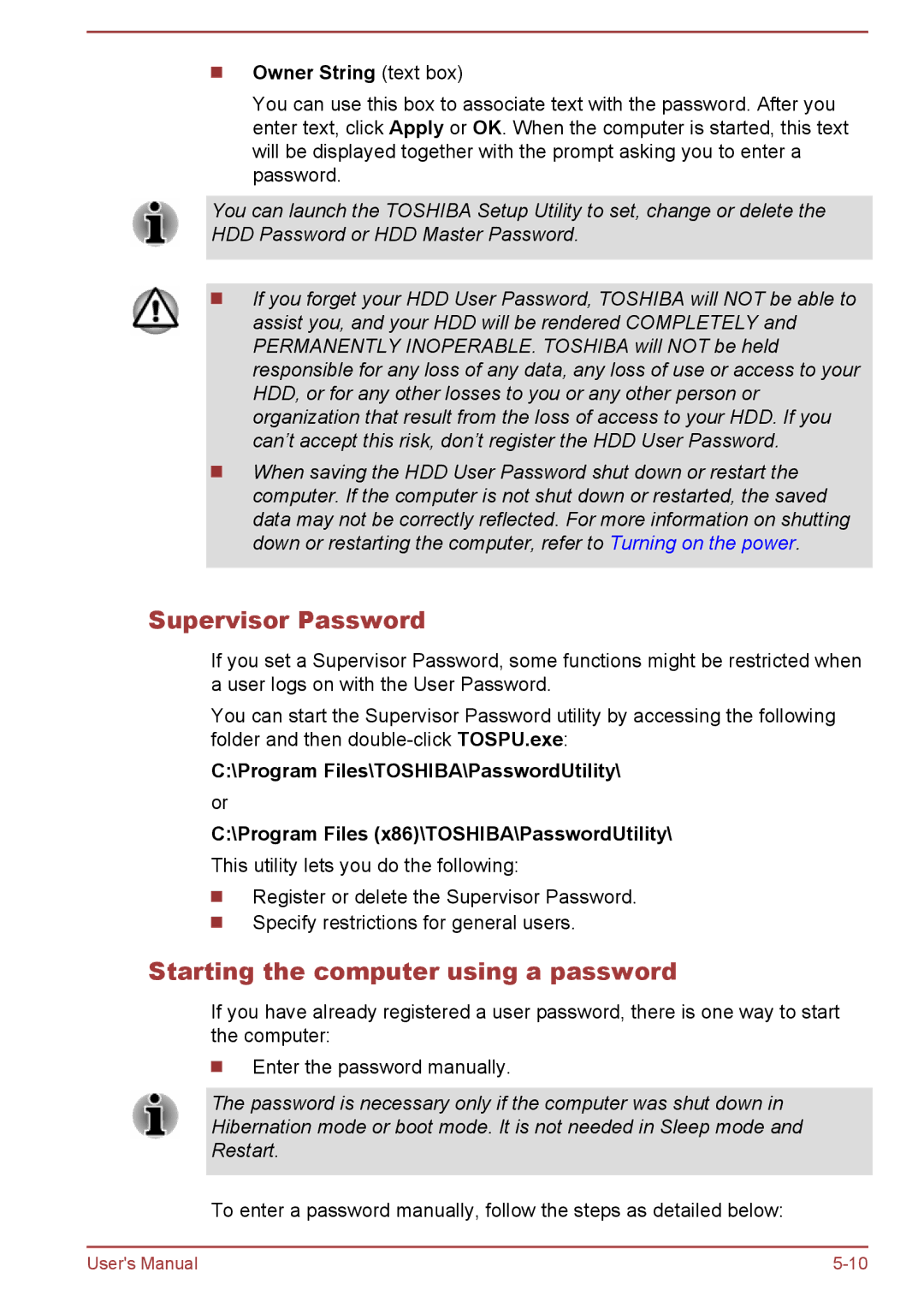 Toshiba Z50-A, Z30-A, Z40-A, Z30t-A Supervisor Password, Starting the computer using a password, Owner String text box 