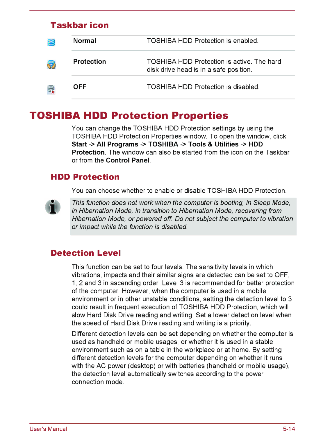 Toshiba Z50-A, Z30-A, Z40-A, Z30t-A user manual Toshiba HDD Protection Properties, Taskbar icon, Detection Level, Normal 