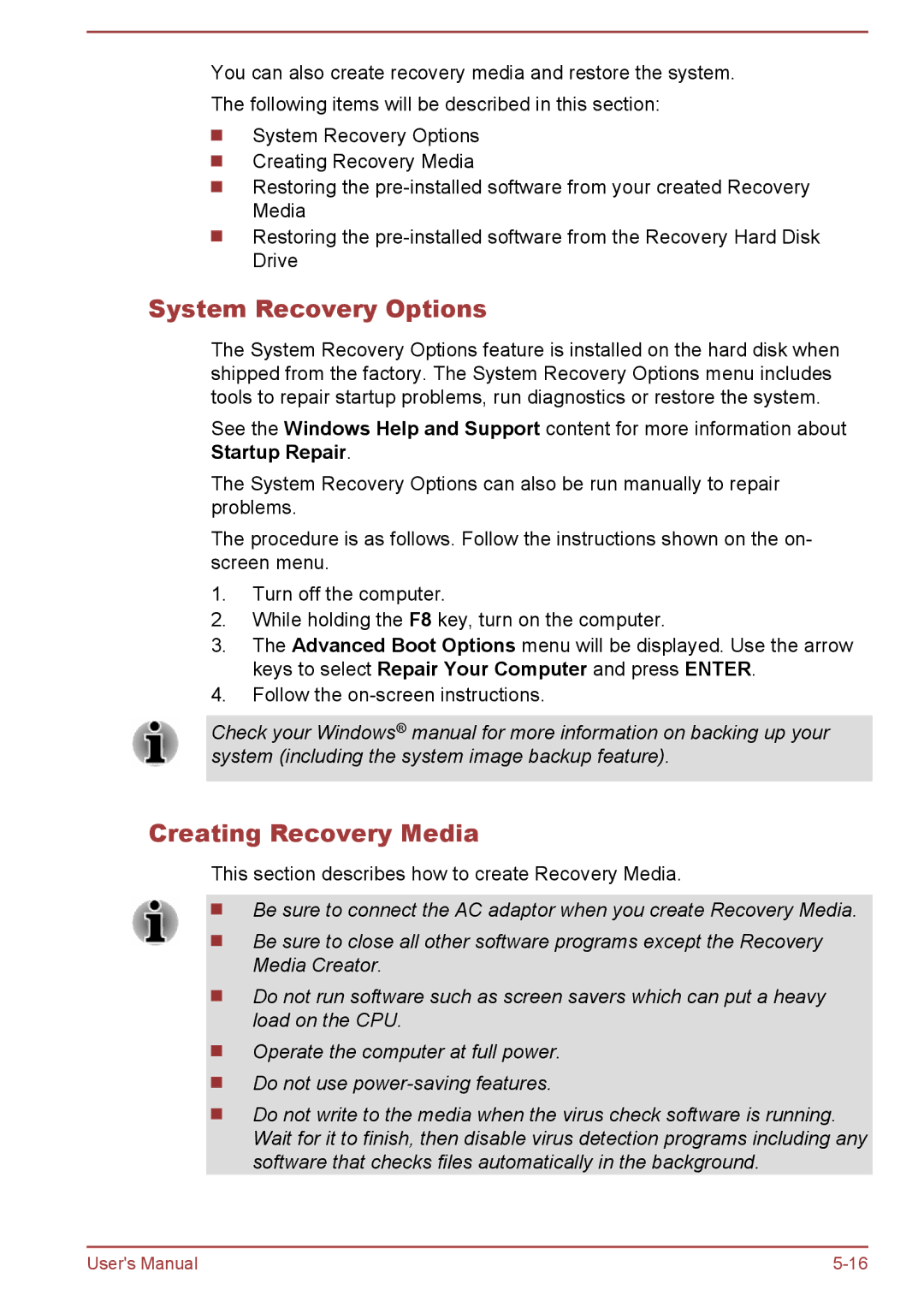 Toshiba Z30-A, Z40-A, Z50-A, Z30t-A user manual System Recovery Options, Creating Recovery Media 