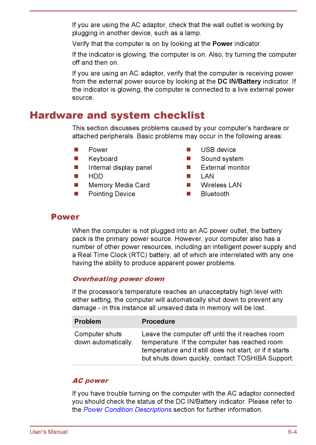 Toshiba Z50-A, Z30-A, Z40-A Hardware and system checklist, Power, Overheating power down, Problem Procedure, AC power 